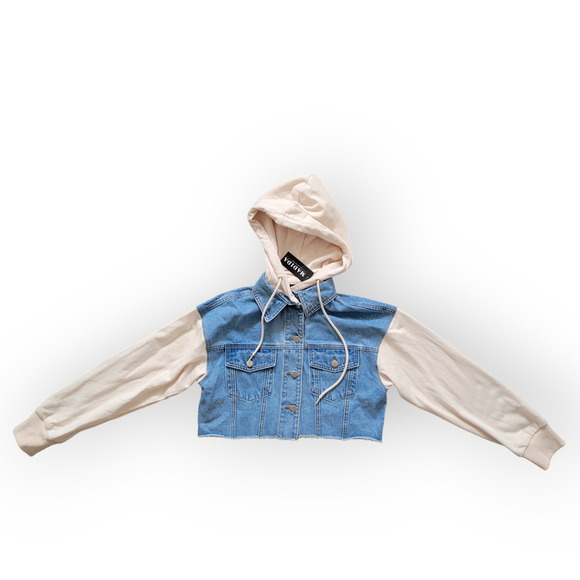 Blue Blush Detachable Hoodie Crop Contrast Cream Sleeves Denim Jacket Sz Small - Picture 6 of 10